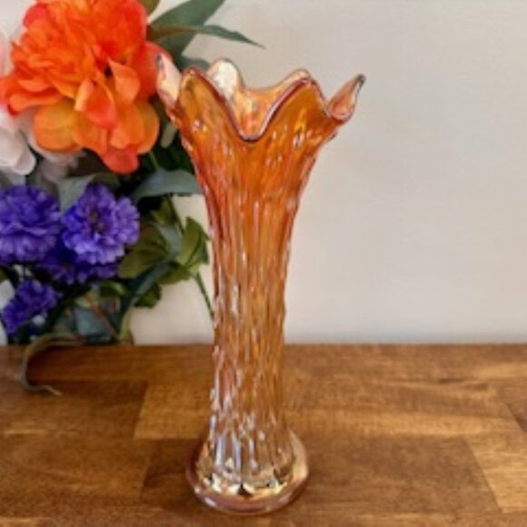 Vintage Fenton April Showers Marigold Carnival Glass Vase Ruffled Edge Art Glass - Picture 1 of 7